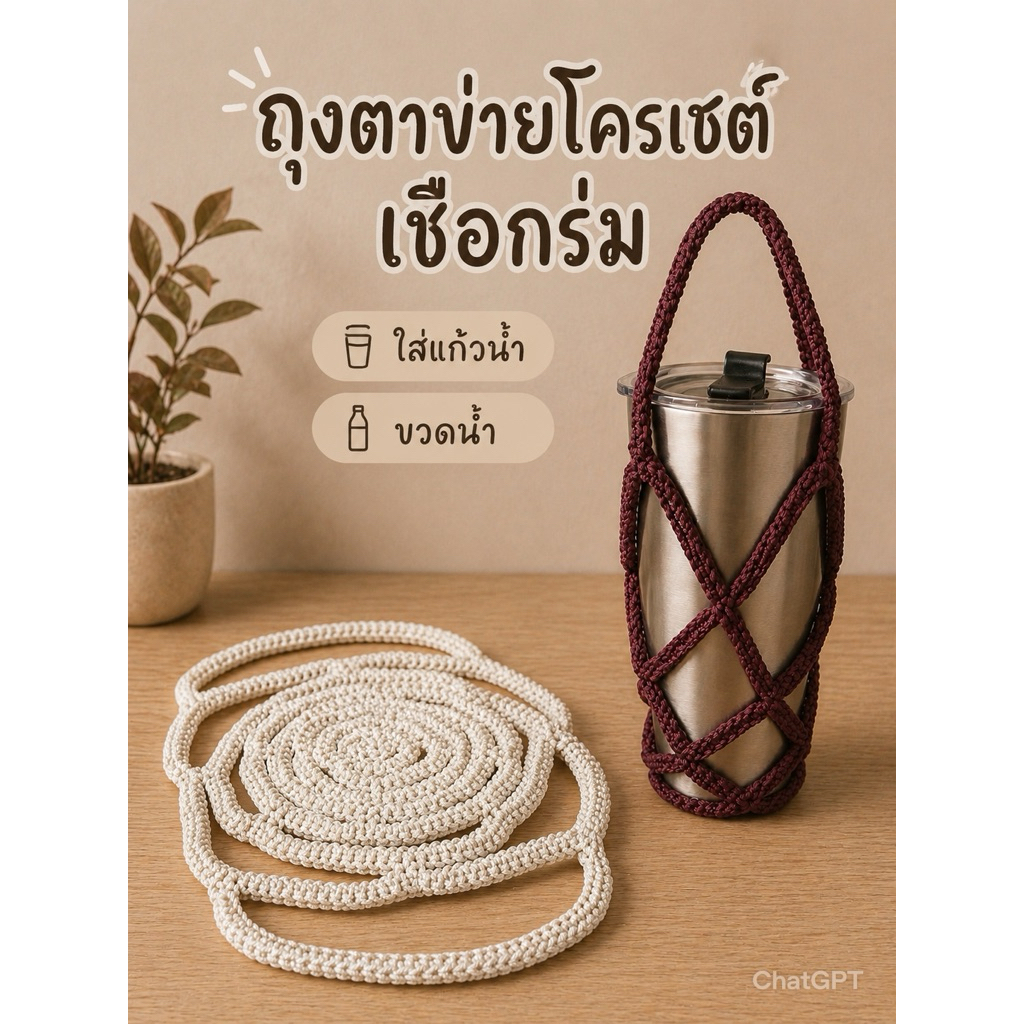 ถุงตาข่ายโครเชต์ (Rose cup holder) ใส่แก้วเยติ แก้วเก็บความเย็น ขวดน้ำ ใสขวดได้ โครเชต์ถักจากเชือกร่ม รับน้ำหนักได้เยอะ