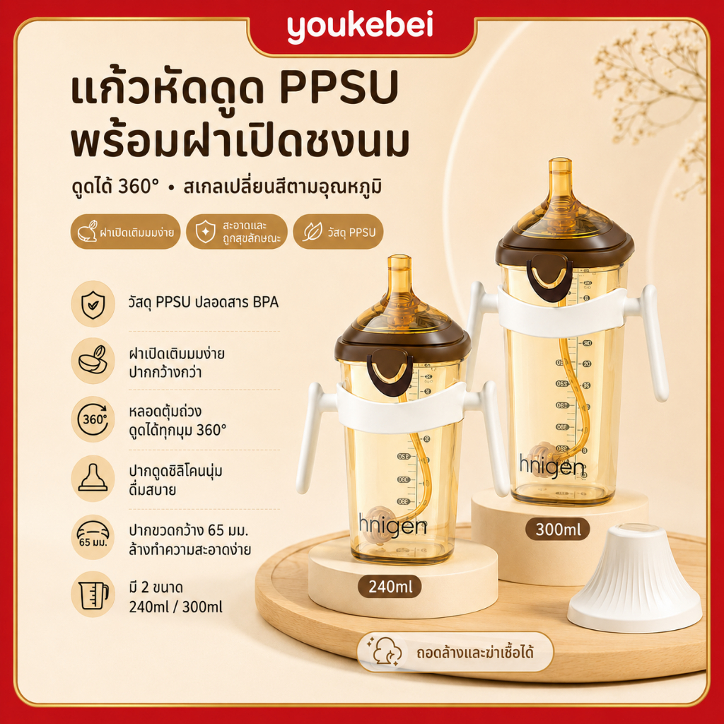 Youkebei ขวดนมเด็ก PPSU ฝาพับเปิดมือเดียว ปากกว้าง กันหก กันรั่ว ล็อกแน่น สำหรับเด็ก 7 เดือนขึ้นไป