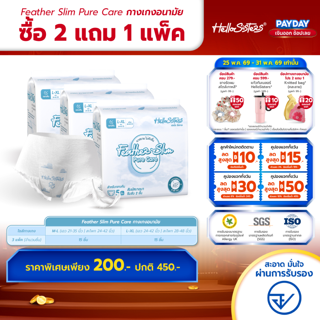 [เลือกไซส์เลย] ซื้อ 2 แถม 1 Feather Slim Pure Care HelloSisters เฮลโล ซิสเทอะ ผ้าอนามัยแบบกางเกง M-L / L-XL จำนวน 15 ชิ้
