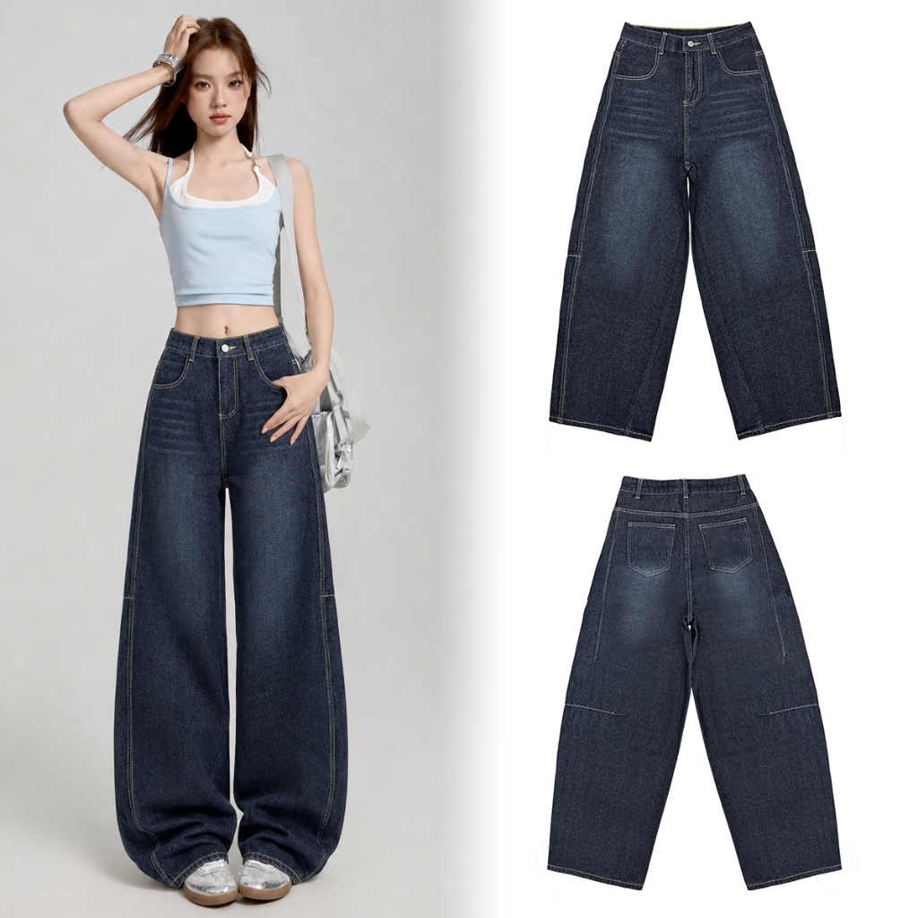 FLAER 02-7# กางเกงยีนส์เอวสูง ขากว้างขาโค้ง ผอมสูง ทรงสวย สีน้ำเงิน ขายดี พรางขาเล็ก ดูสูงเพรียว