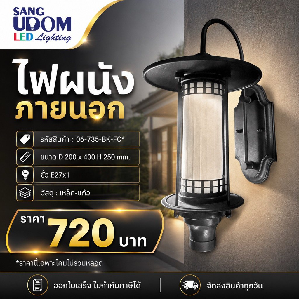 โคมไฟผนัง โคมไฟติดผนัง โคมไฟผนังภายนอกสไตล์โมเดิร์น # 735-BK-FC* !! By SANGUDOM