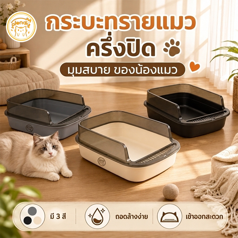 Plendy ห้องน้ำแมวครึ่งปิด กระบะทรายแมวขอบสูง กันทรายหก ถอดทำความสะอาดได้ พื้นที่ใหญ่ 3สี