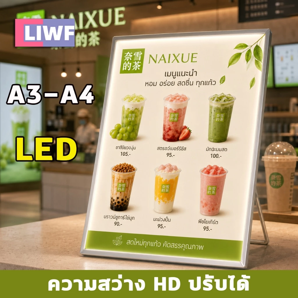กรอบไฟเมนูอาหาร ป้ายเมนูไฟ LED ขนาด A4 A3 ปรับมุมและความสว่างได้ แผงกระจกนิรภัย ป้ายเมนูอาหาร แผ่นเมนูเรืองแสง