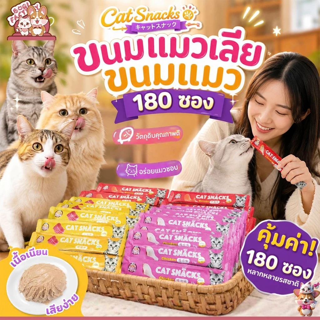 Boqi Factory ขนมแมว ขนมแมวเลีย สุดอร่อย 15 กรัม 1 ถุง มี180ซอง มีพร้อมส่ง 🐱😻😻😸😸😺 Cat Snacks180