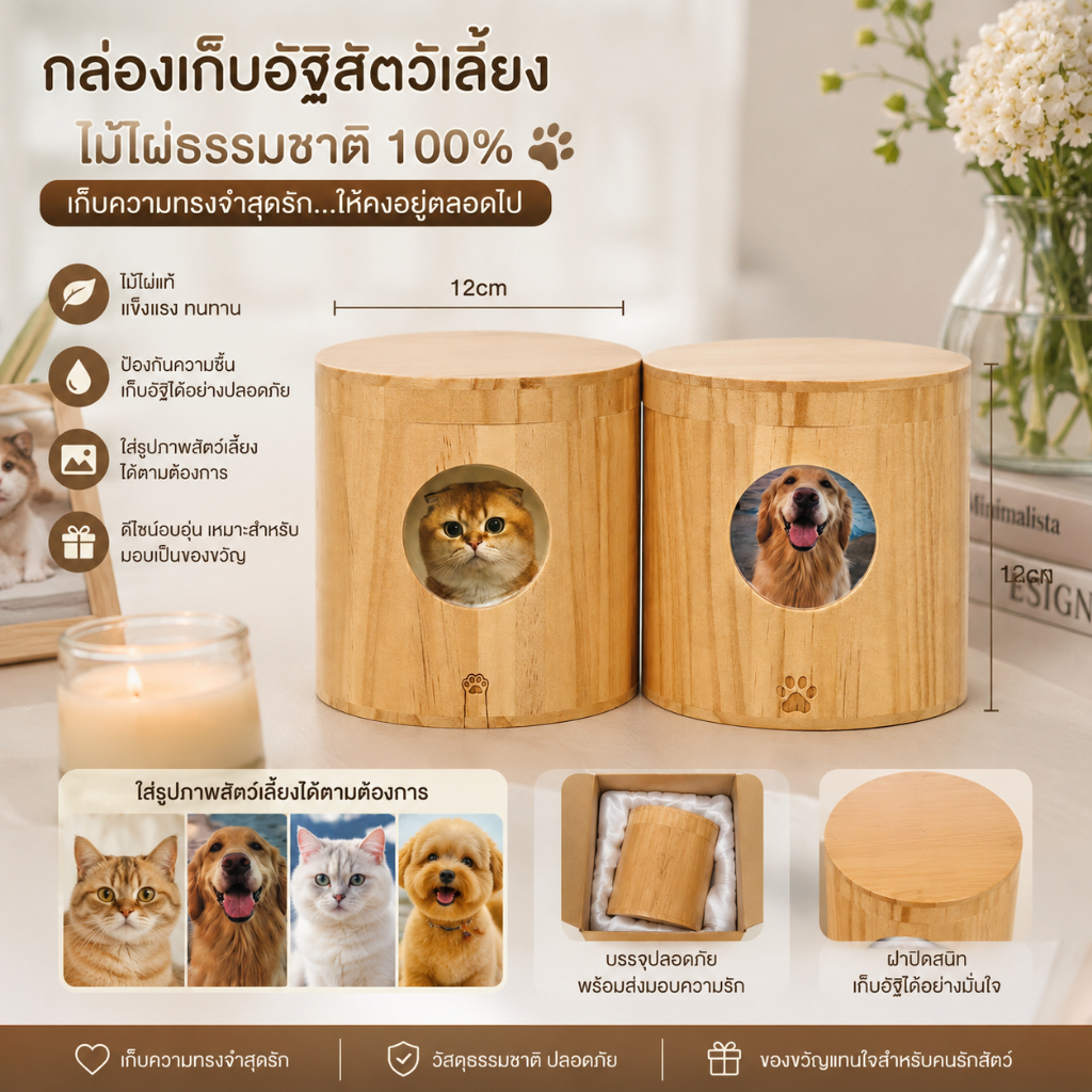 กล่องเก็บอัฐิสัตว์เลี้ยง ทรงกลม ไม้ธรรมชาติ 12x12 ซม. สั่งทำรูปภาพและสลักชื่อได้ของที่ระลึกสุดอบอุ่น