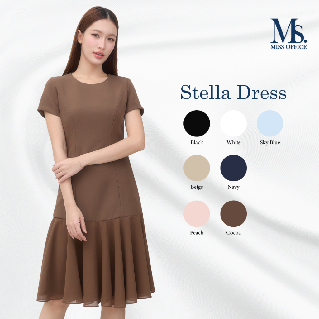 Miss Office เดรสคอกลมตัดต่อชายระบาย (Stella Dress) (MD-132)