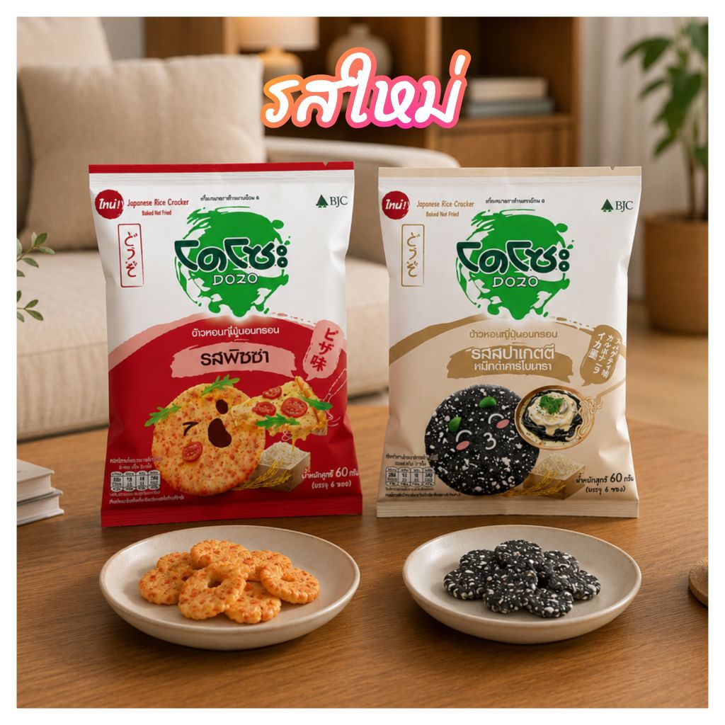 🛎โดโซะ ขนมข้าวอบกรอบแผ่นกลม 60 กรัม รสพิซซ่า / รสสปาเกตตี รสใหม่ต้อนรับหน้าฝน DOZO