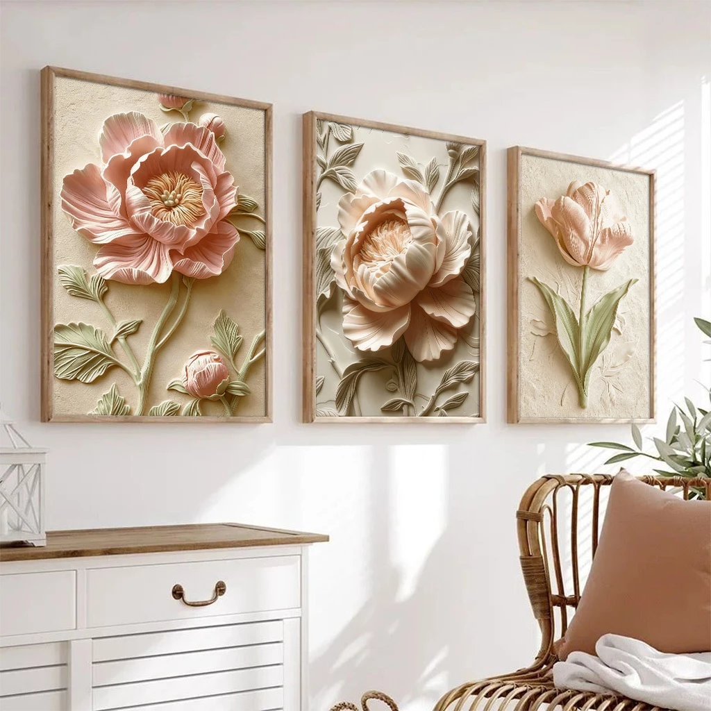 ภาพตกแต่งผนัง 3 แผ่น ลายดอกไม้ Rose Aesthetic Minimalist ของแต่งบ้านห้องนอนห้องนั่งเล่น สไตล์มินิมอลละมุน