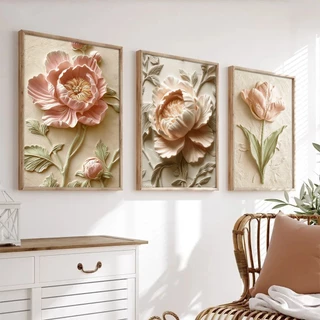 ภาพตกแต่งผนัง 3 แผ่น ลายดอกไม้ Rose Aesthetic Minimalist ของแต่งบ้านห้องนอนห้องนั่งเล่น สไตล์มินิมอลละมุน
