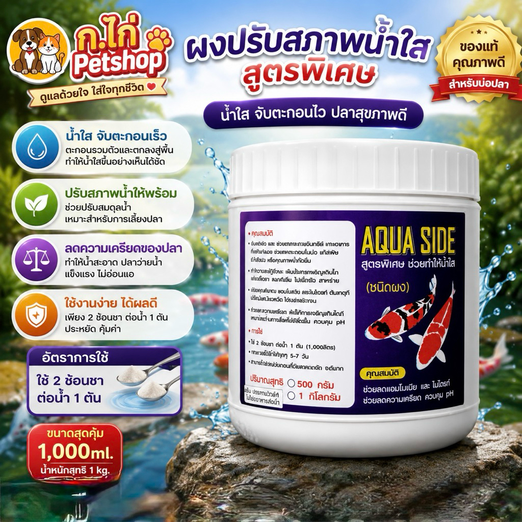 ผงปรับสภาพน้ำใส จับตะกอนตกตัวลงพื้น ปรับสภาพน้ำให้พร้อมกับการเลี้ยงปลา ปรับสมดุลน้ำหลังถ่ายน้ำปลา ถังใหญ่1kg.