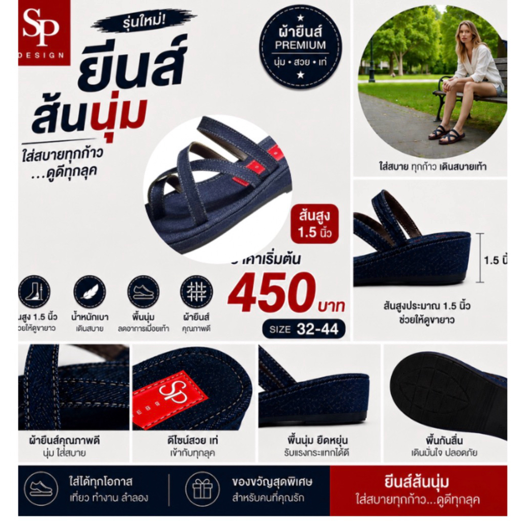 ขายShopee  SP Design รุ่นยีนส์ส้นนุ่ม รองเท้าแตะผ้ายีนส์ ส้นสูง 1.5 นิ้ว พื้นนุ่ม น้ำหนักเบา ใส่สบาย
