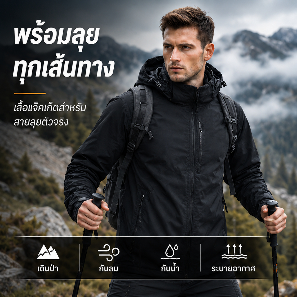 เสื้อกันลมกันฝนผู้ชาย มีฮู้ด กันละอองน้ำ สีดำ ผ้าร่ม ระบายอากาศ ใส่เดินป่า แคมป์ปิ้ง แห้งไว ใส่สบาย ลุคสปอร์ต เท่ๆ