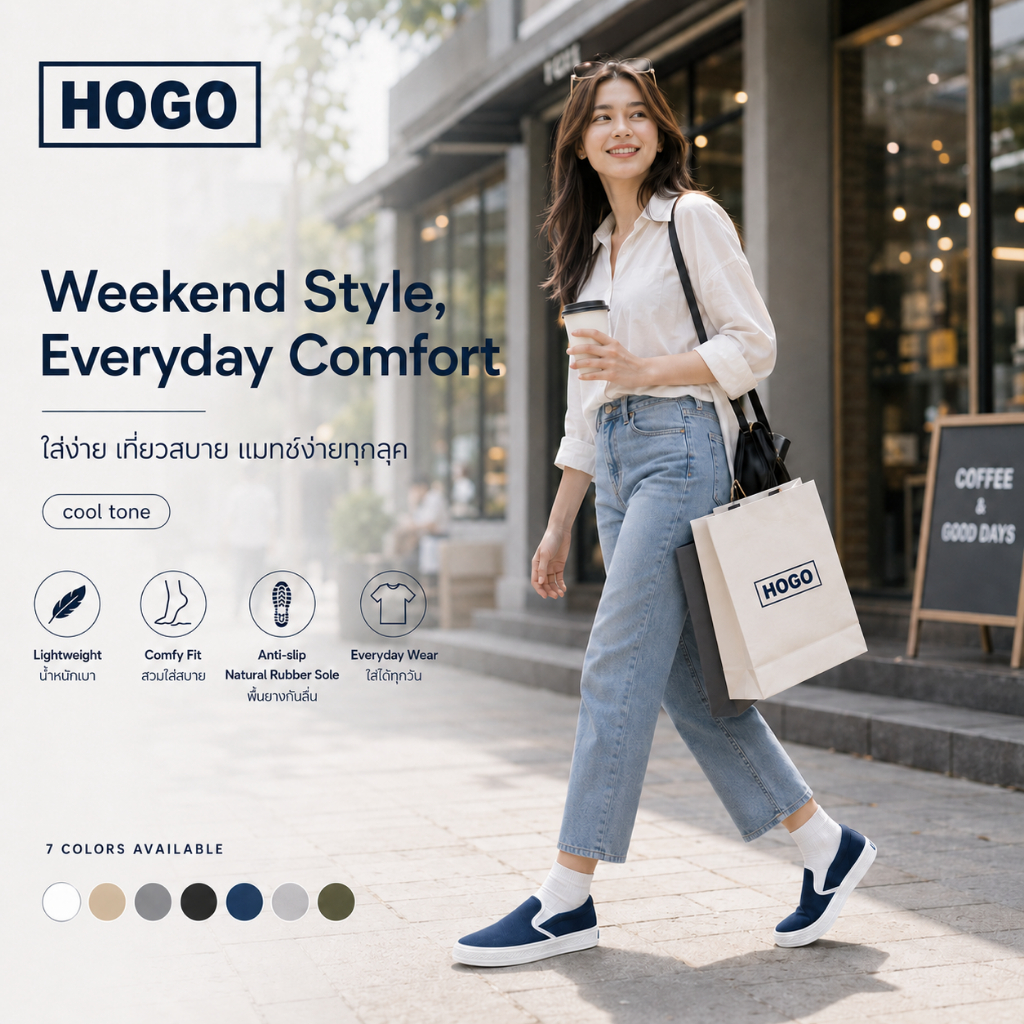 Hogo รองเท้าผ้าใบ แบบสวมสีสุภาพ ใส่ง่าย เบา เดินสบาย พื้นยางกันลื่น เหมาะสำหรับ นักศีกษา คนทำงานที่ต้องเดินทั้งวัน