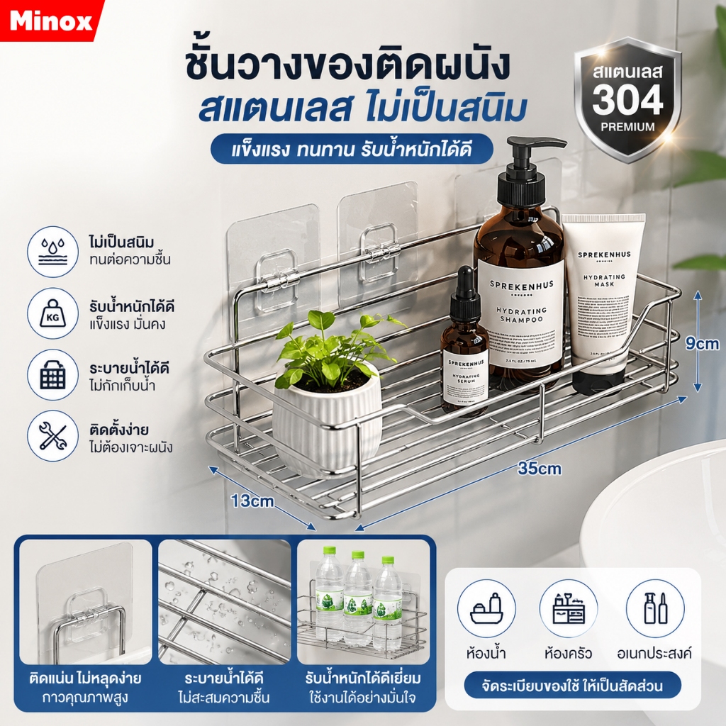 [ขายดี] ชั้นวางของติดผนังห้องน้ำ ไม่ต้องเจาะ แถมกาวติด สแตนเลสกันสนิม ราคาถูก