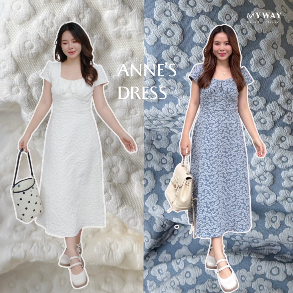 MyWay Brand : Anne's Dress เดรสออกงานสีฟ้า, ขาวครีม ชุดทำบุญ ชุดวันแม่ ลายดอกไม้