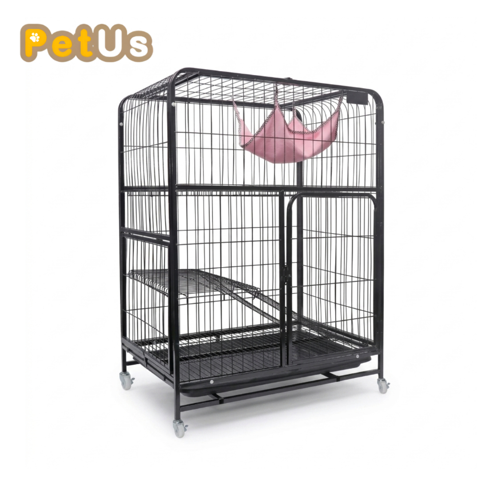 กรงแมวขนาดใหญ่ กรงสัตว์เลี้ยง Cat Cage มีล้อ มีบันได ประตูล็อคได้ พร้อมถาดรอง