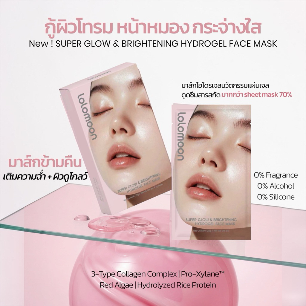 สูตรขายดี ! (1กล่อง)lolomoon Super Glow & Brightening Hydrogel Mask [3-Collagen Complex] ผิวกระจ่างใสโกลว์ ฟื้นฟูผิวโทรม