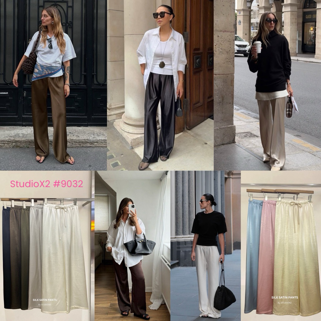 🟣9032 StudioX2 SILKSATIN TROUSERS กางเกงซาตินขอบเอวยาง มีเชือกผูกเอว ผ้าเนื้อหนากลางๆ ผ้านุ่มทิ้งต้ว ใส่สบายไม่ร้อน