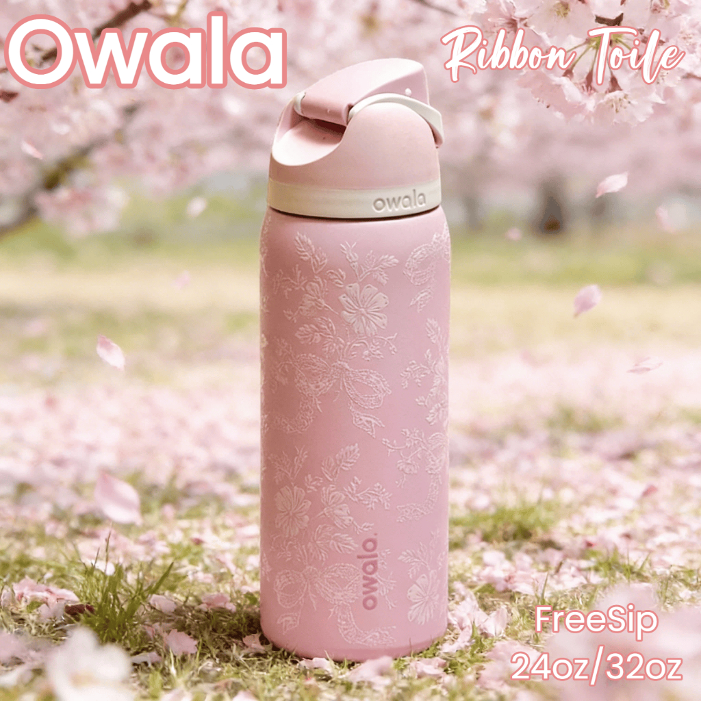 Owala FreeSip Tumbler ขนาด 24oz/32oz ลาย Ribbon Toile – เก็บความเย็น, รุ่นลิมิเต็ด อิดิชั่น, พร้อมจัดส่งภายใน 24 ชั่วโมง