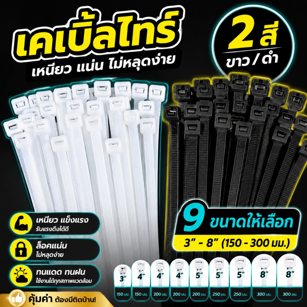 [ขายส่ง] สายรัดไนล่อน เคเบิลไทร์ หนวดกุ้ง สายเคเบิ้ลไทร์ มีสีขาวและสีดำ ราคาไม่แพง 100ชิ้น