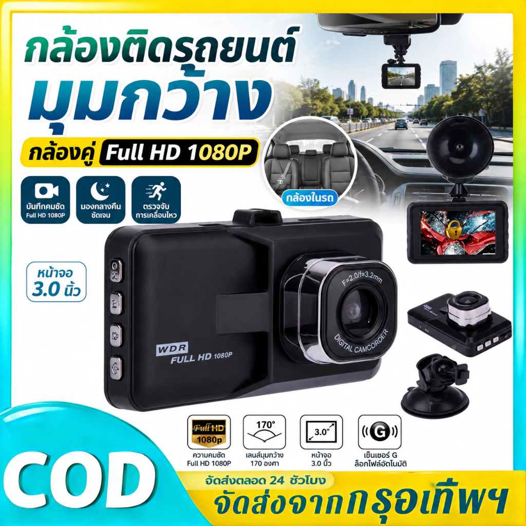 [พร้อมส่ง]กล้องติดรถยนต์หน้า/หลัง รุ่น บันทึกภาพ Full HD 1080P เลนส์มุมกว้าง 140/กล้องติดรถยนต์หน้าหลัง Car Camer