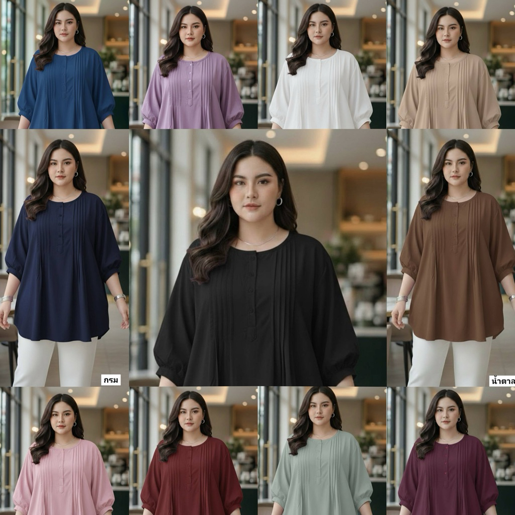 เสื้อคอกลมแขนสามส่วนตีเกล็ดหน้าผ้าไหมอิตาลี่ อก54-56นิ้ว