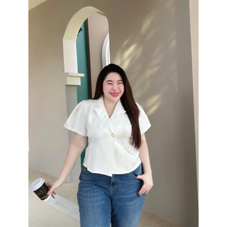 M45 เสื้อคอปกสูท แขนสั้น ผ้าเปเป้ เสื้อสีดำสาวอวบ