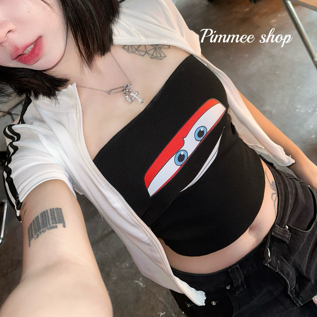PIMMEE SHOP เกาะอกยาวสกรีนลายไฟหน้ารถเท่ๆ #สไตล์สาวเท่Y2K