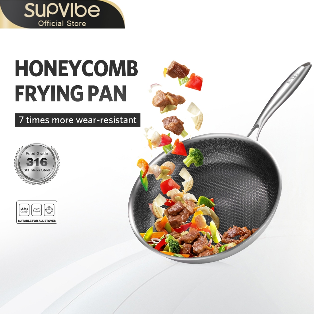 SUPVIBE กระทะรังผึ้ง กระทะรังผึ้งสแตนเลส ไม่ติดกระทะ วัสดุสแตนเลส 316 กระทะผัด กระทะทอด 26/30/32/cm ทนทานต่อการสึกหรอ