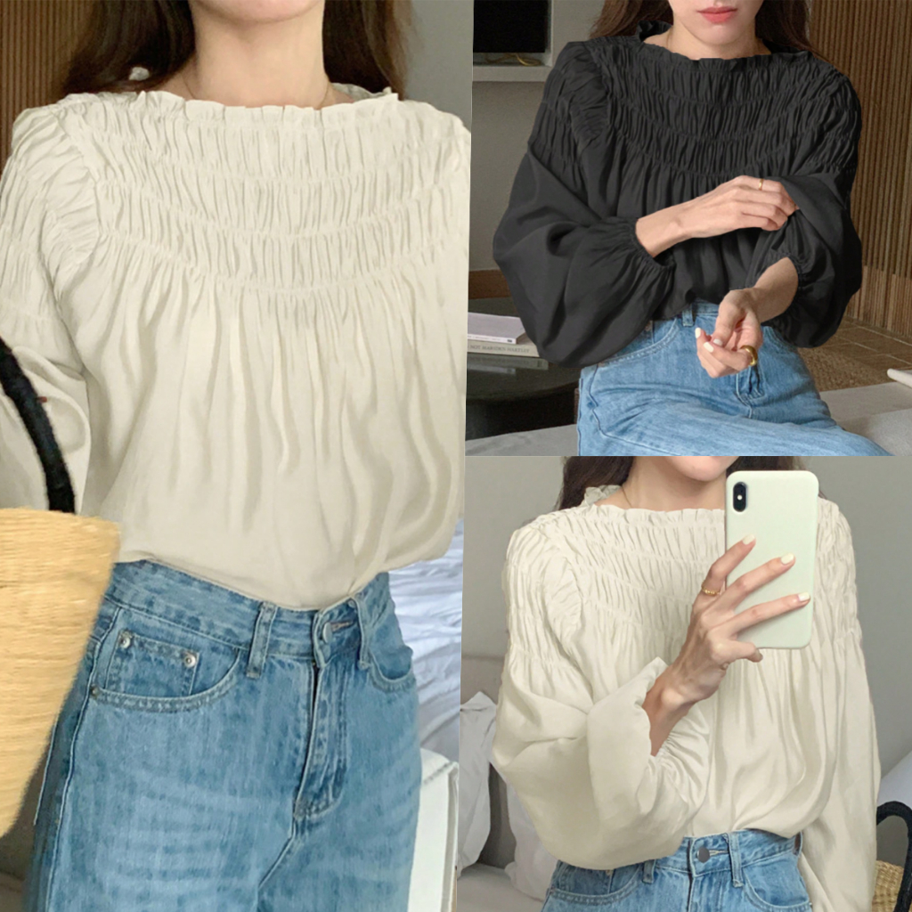 Beryl เสื้อชีฟองสุภาพสตรีหวานและมีเอกลักษณ์ เสื้อยืดสวยๆผู้หญิง แขนพอง ดีไซน์จับจีบ แขนยาว สไตล์เกาหลี