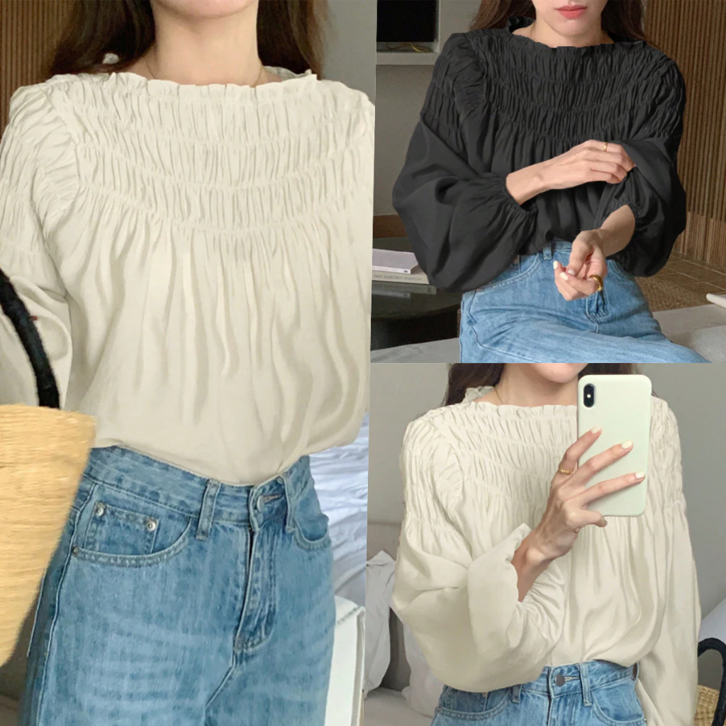 Beryl พร้อมส่ง เสื้อยืดแขนยาวผู้หญิง มีเอกลักษณ์ เสื้อยืดไหล่เปิด แขนพอง ดีไซน์รอยย่น แขนกระบอก ทรงหลวม
