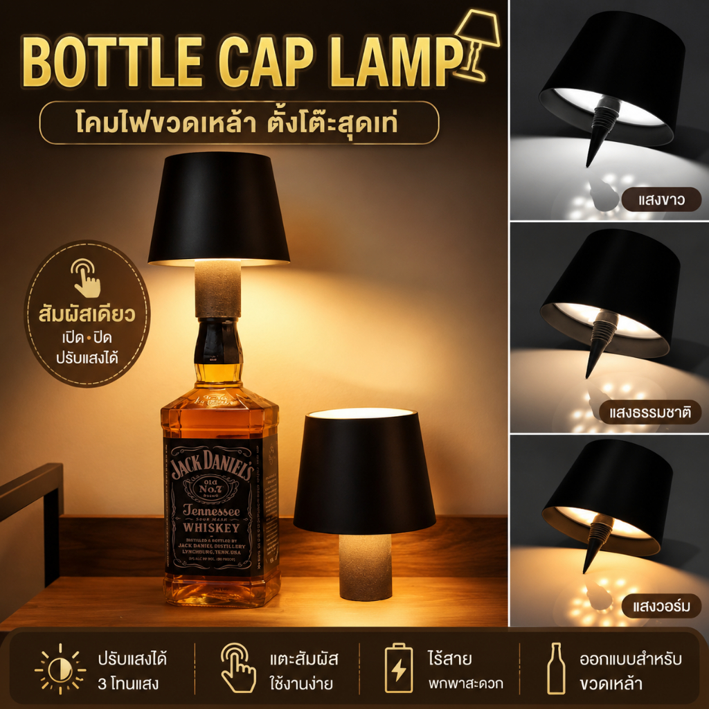 Bottle Cap Lamp โคมไฟตั้งโต๊ะไร้สาย นํา สร้างสรรค์ขวดไวน์โคมไฟที่ถอดออกได้แบบพกพาชาร์จบรรยากาศโคมไฟตกแต่ง