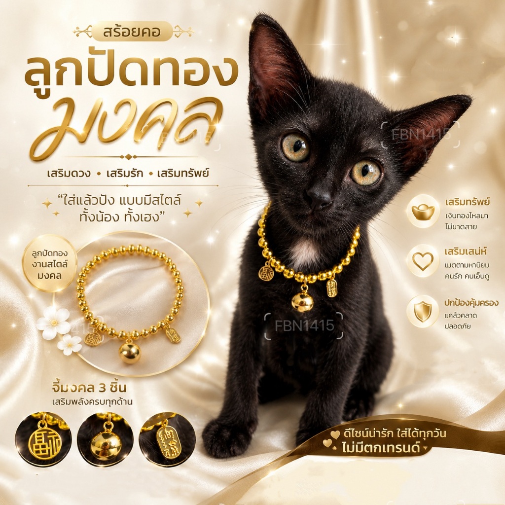 สร้อยคอ ปลอกคอ สัตว์เลี้ยง มงคล ลูกปัดทอง 6มิล  กระพรวน ทอง ยางยืด จี้ เรียกทรัพย์ เสริมโชคลาภ ปลอดภัย ใส่สวยหรู