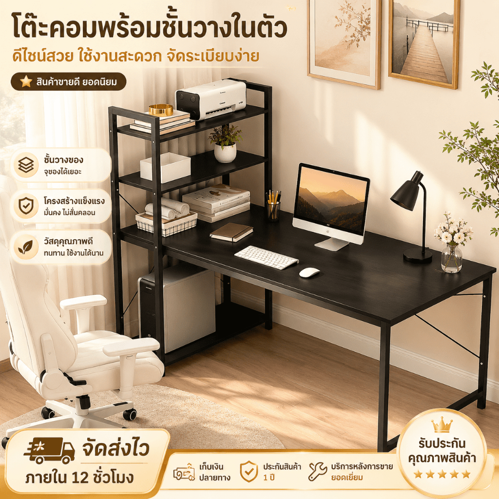 โต๊ะทำงาน ชั้นหนังสือ โต๊ะคอม 90/120CM ราคาถูกและมั่นคง มีพื้นที่เก็บของมาก ติดตั้งง่าย