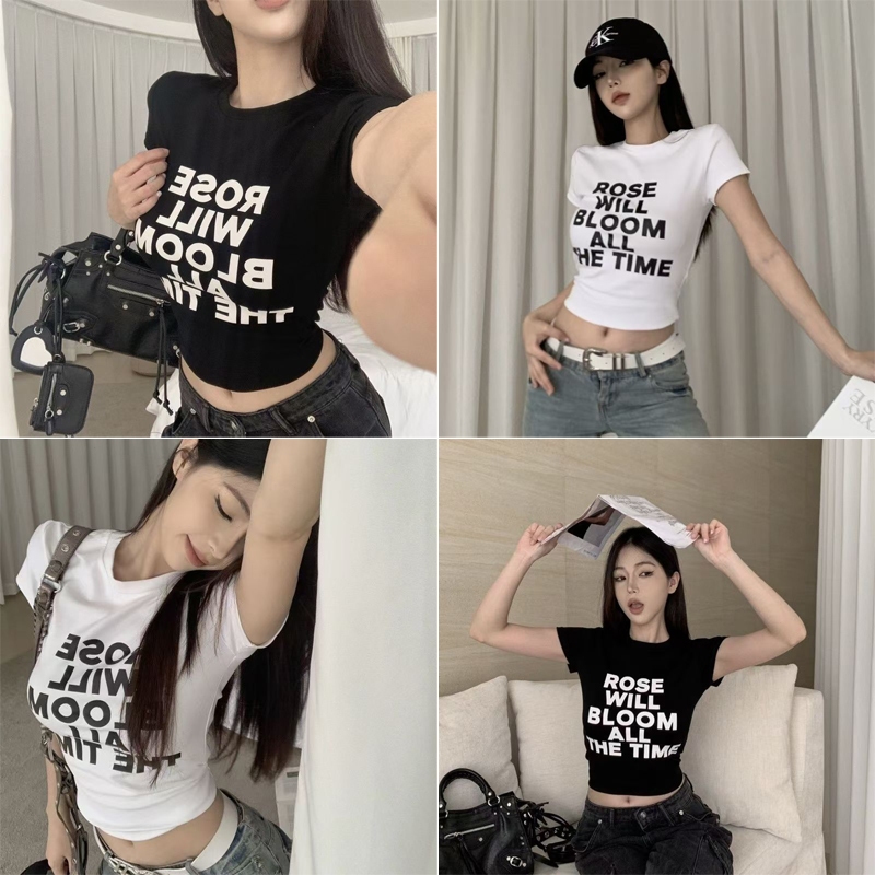 เสื้อยืดแขนสั้นผู้หญิง เสื้อครอปคอกลม ทรงเข้ารูป พิมพ์ลายตัวอักษร ยืดหยุ่นและนุ่ม สวมใส่สบาย FZ054