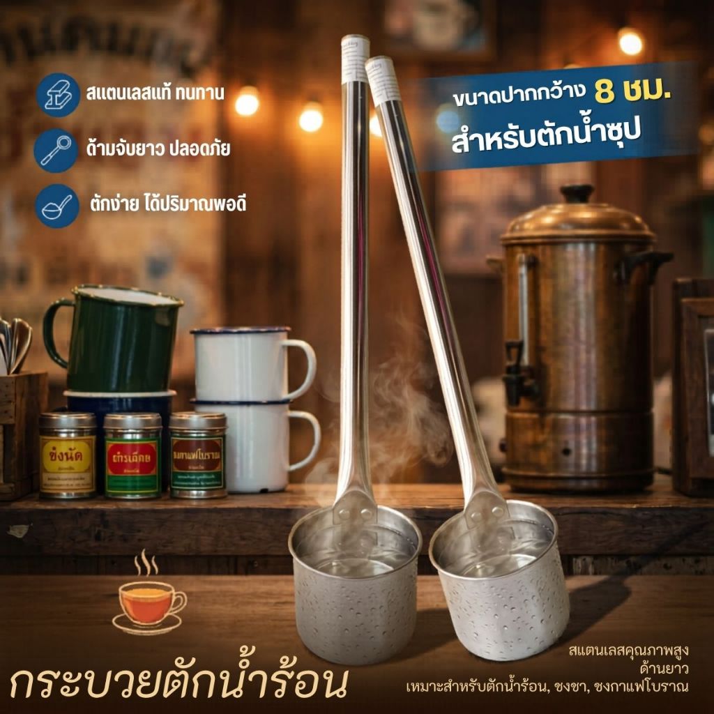 กระบวยสแตนเลส กระบวยตักน้ำร้อน ตักกาแฟโบราณ ด้ามยาว ขนาดกว้าง 8 ซม. ความยาวจากด้ามถึงปาก 53 ซม.