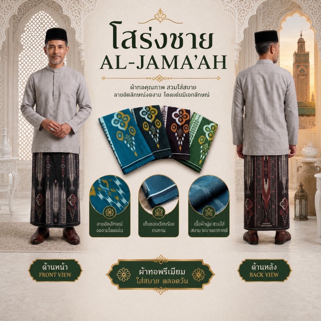 SOPHIA โสร่งชาย ตรา AL-JAMA'AH (เย็บแล้ว) เนื้อผ้านิ่ม สวมใส่สบาย รหัส SRA38