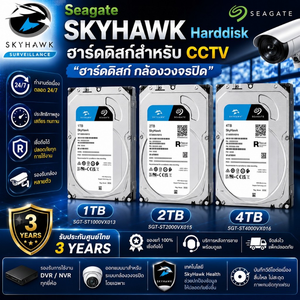 ฮาร์ดดิสก์ Seagate SkyHawk สำหรับกล้องวงจรปิด CCTV ขนาด 1TB 2TB 4TB ของแท้