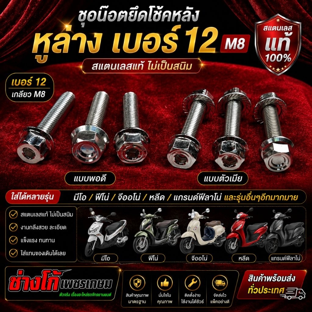 ชุดน๊อตยึดเบอร์หลัง หูล่างเบอร์12 สแตนเลส มีโอ/ฟีโน่/จีออโน่/หลีด/แกรนฟีลาโน่ และอื่นๆอีกมากมาย เบอร์12 M8