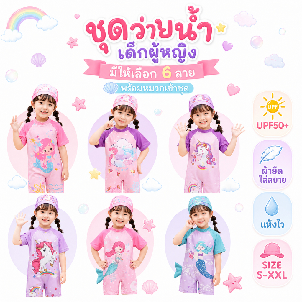 Summer Story ชุดว่ายน้ำเด็ก พาสเทลน่ารัก พร้อมหมวก กันยูวี UPF50+🦄 #no.2002 2003 2004 2005 2036-1 2036-2