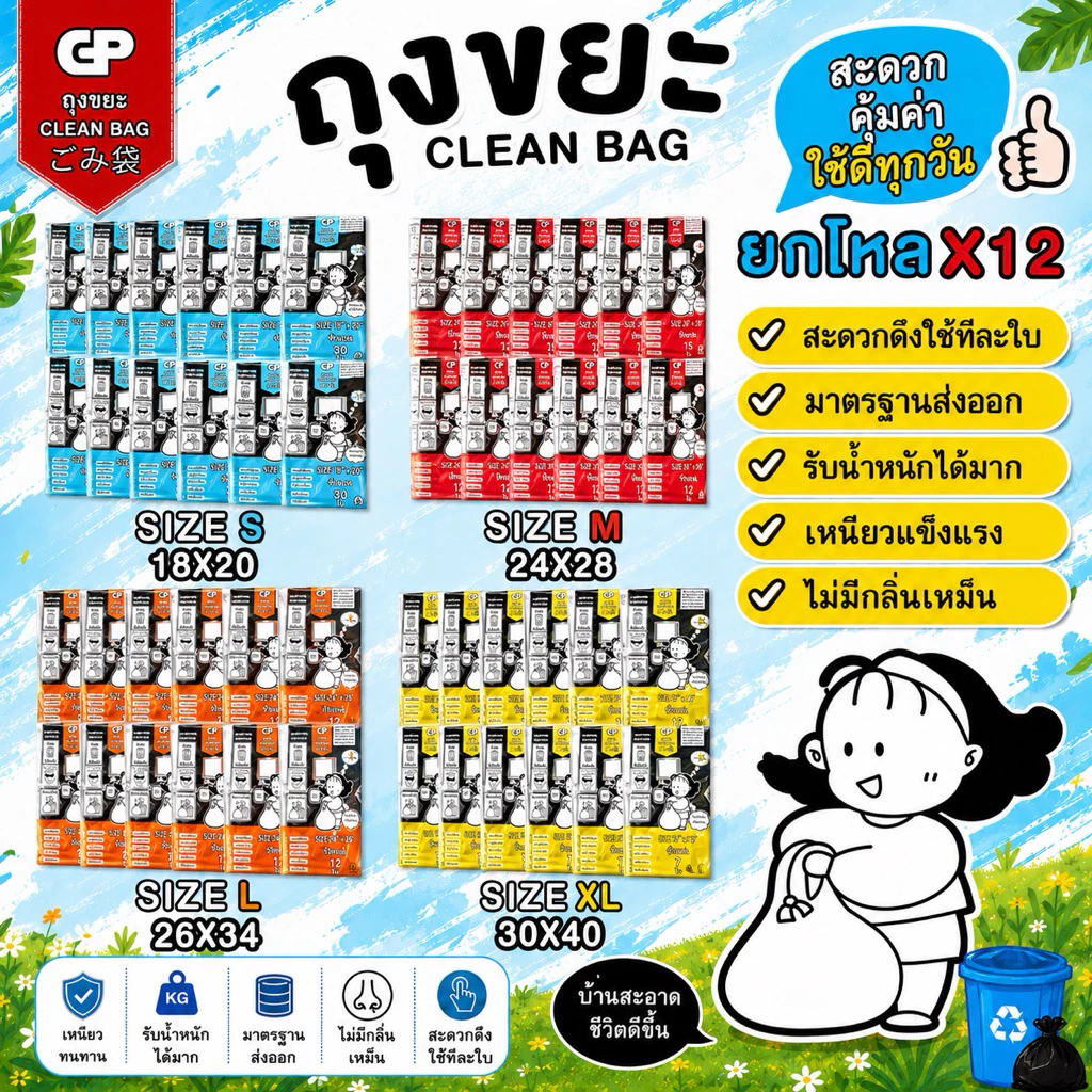 [พับไม่มีหูยกโหล X12 แพ็ค] ถุงขยะ Clean bag บางแต่เหนียว ไม่มีกลิ่นไม่พึงประสงค์ คุ้มค่า จำนวนใบเยอะ คุณภาพเกรดส่งออก