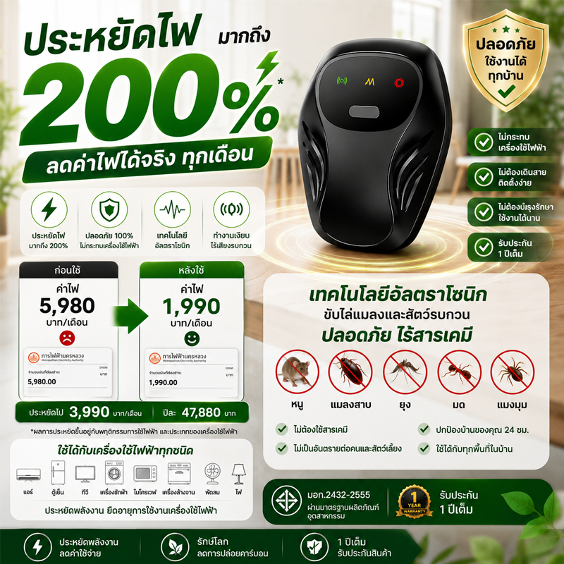 ประหยัดไฟ เครื่องไล่หนูแบบอัลตราโซนิค 2-in-1 ประหยัดพลังงานประหยัดไฟบ้าน เครื่องประหยัดไฟฟ้า