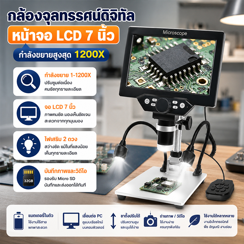 B1200 กล้องจุลทรรศน์อิเล็กทรอนิกส์ดิจิตอล 1200X จอแสดงผล LCD 7 นิ้ว HD แว่นขยาย Loupe พร้อมวิดีโอ