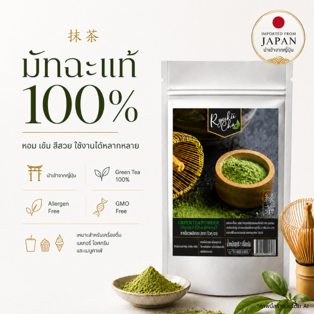 Ryukucha Matcha Green Tea Powder - ริคุชะ ชาเขียวมัทฉะ 100g (เกรดนำเข้าจาก ญี่ปุ่น)