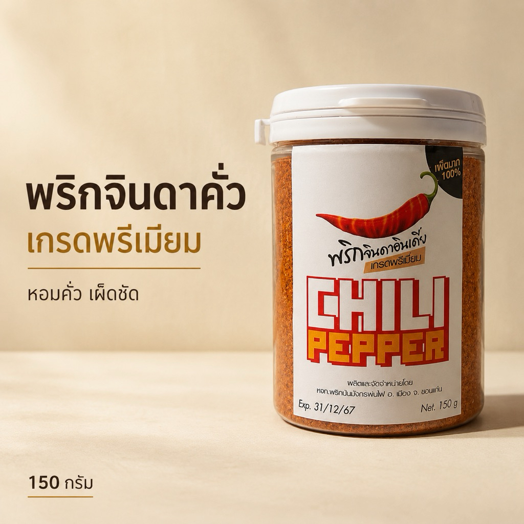 พริกป่นจินดา Premium Chili Pepper เผ็ดมาก หอมคั่วละเอียด พริกคั่วบ้านๆ 150g(ฝาขาว)