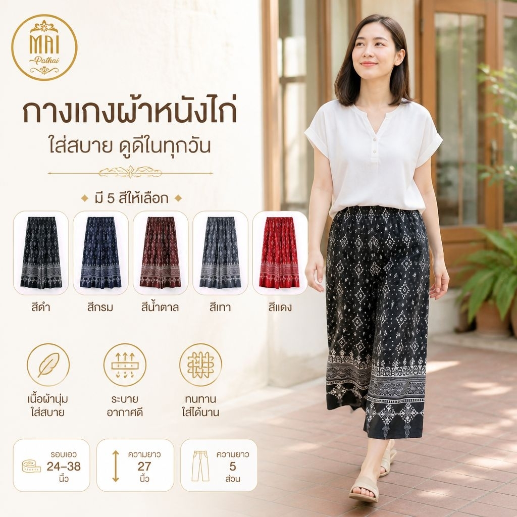 กางเกงผ้าหนังไก่ กางเกงขา 5 ส่วนลายไทย #756-72