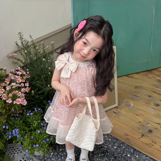 PRINCESS KESLI สไตล์เกาหลี ชุดเดรสเด็กผู้หญิง เดรสออกงาน แขนกุด ฟรุ้งฟริ้ง แต่งโบว์ 1-11 ปี