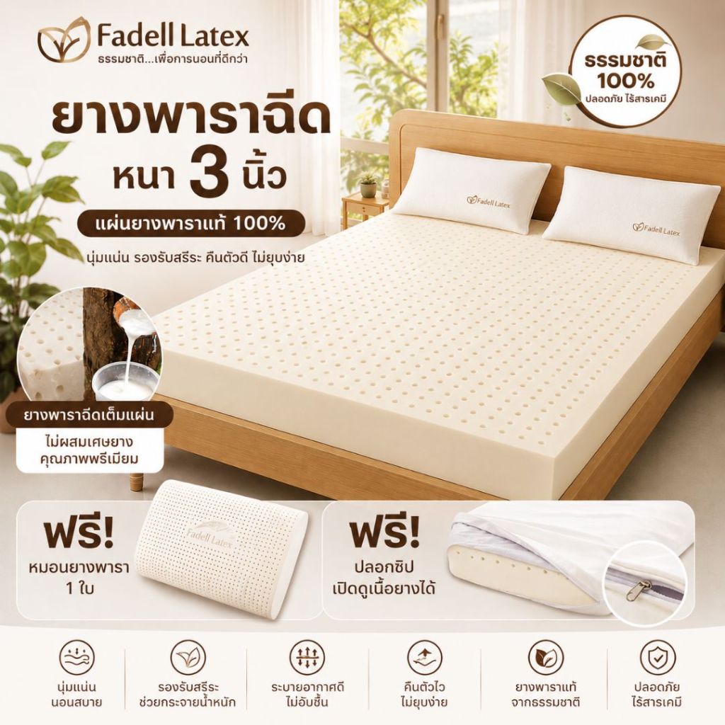 ฮิตมาก🔥 ที่นอน ยางพาราฉีดแท้ หนา 2-4 นิ้ว ขึ้นรูป 100% รุ่น Density 90 มีปลอกซิป  แถมหมอนยางพารา 1ใบ