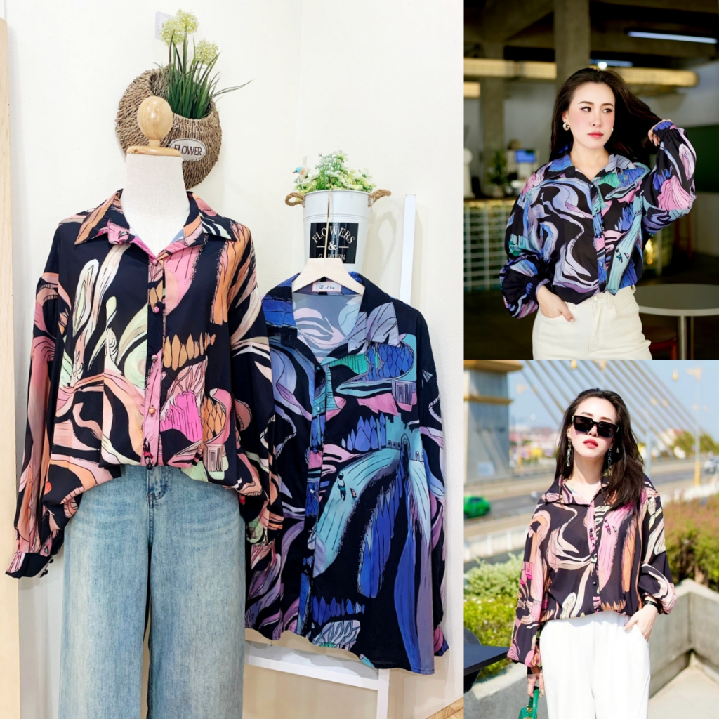 Lynlalin เสื้อเชิ้ตคอปก แขนยาว ผ้าชีฟองนาโนเกรดพรีเมี่ยม ดีเทลพิมพ์ลายสวยๆทั้งตัว รุ่น Castle
