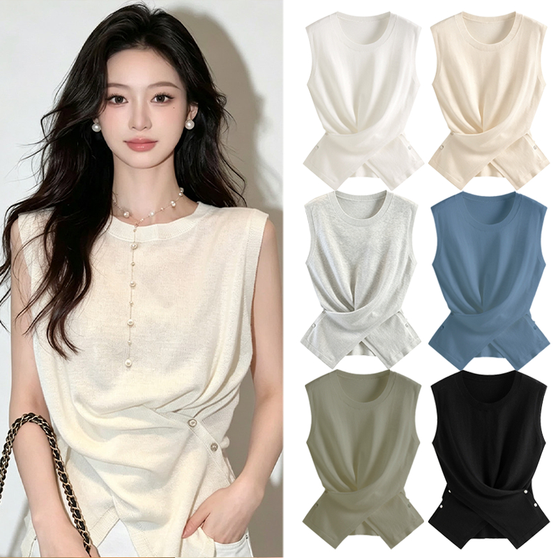 H05เสื้อยืดแขนกุดผ้าไหมน้ำแข็งถักสำหรับผู้หญิง สไตล์บางเบาสำหรับฤดูร้อน ทรงเสื้อกั๊กสั้นไม่สมมาตร สวมใส่เป็นเสื้อคลุมได้